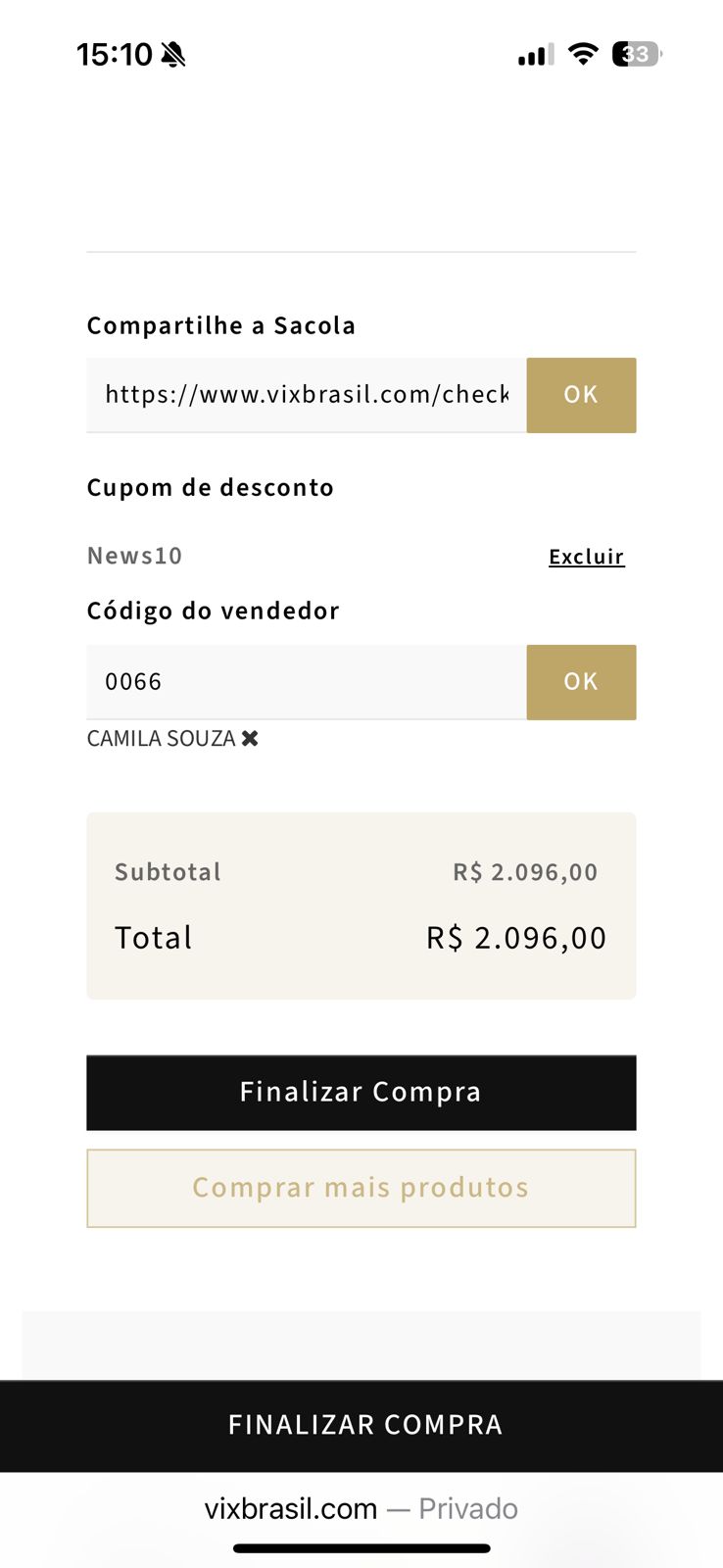 Exemplo de campo de código de vendedora no checkout